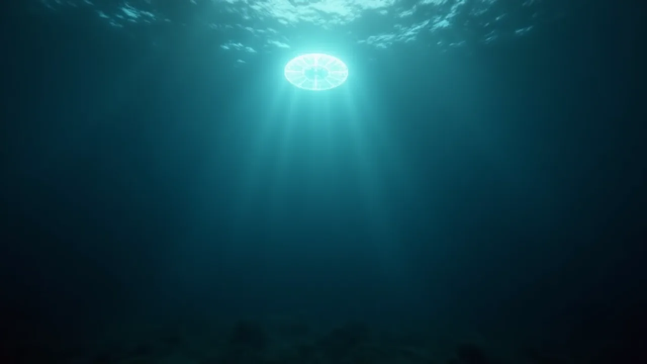 An underwater scene of a glowing disc-shaped craft descending into deep dark blue ocean off the California coast, shafts of light from above, mysterio