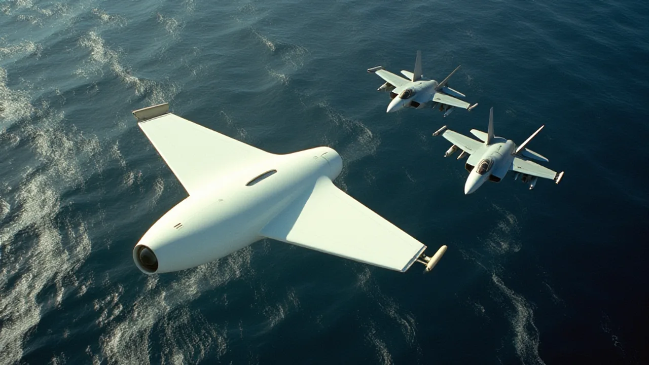 A smooth white elongated tic-tac shaped object hovering low over a churning patch of dark ocean as two Navy F/A-18 fighter jets approach