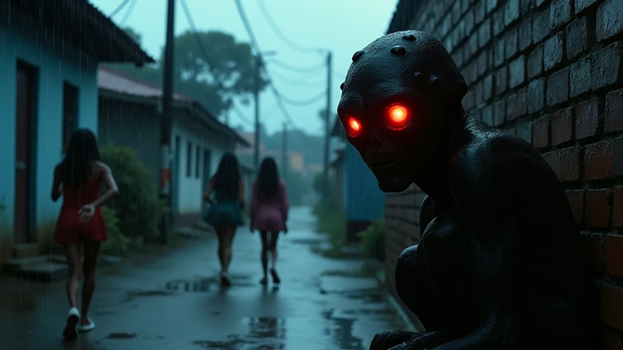A rain-soaked small-town Brazilian street at dusk in 1996, a hunched shadowy humanoid with glowing red eyes crouched against a brick wall, figures fleeing in the foreground