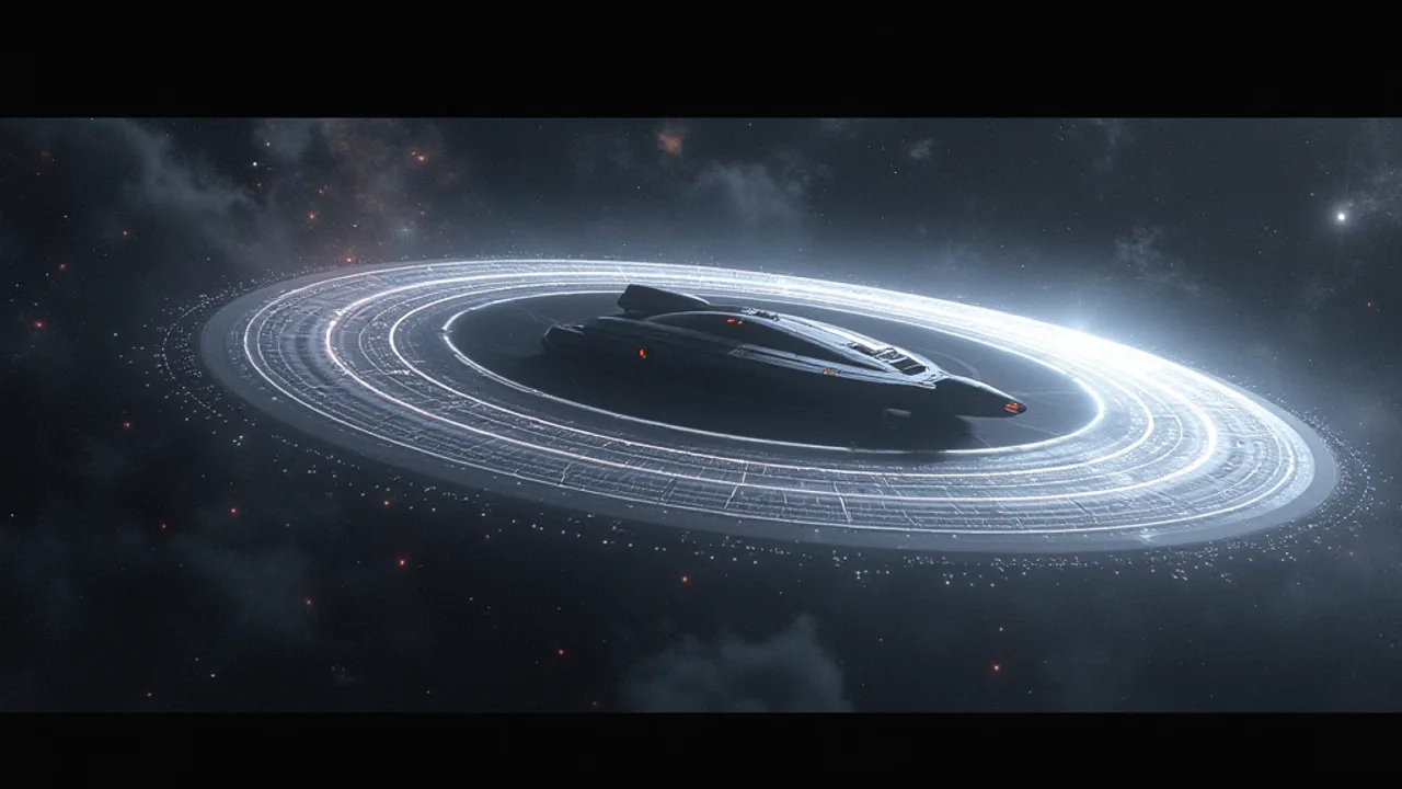 A sleek futuristic spacecraft enclosed in a glowing warp bubble that bends the starfield around it, space-time grid distortion, NASA concept art style