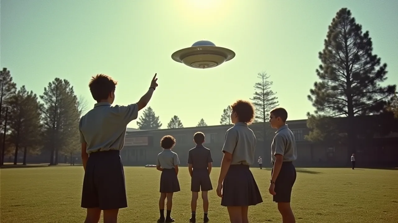 1960s Australian schoolchildren in uniform standing in a sunlit schoolyard pointing up at a small silvery disc descending toward distant pine trees