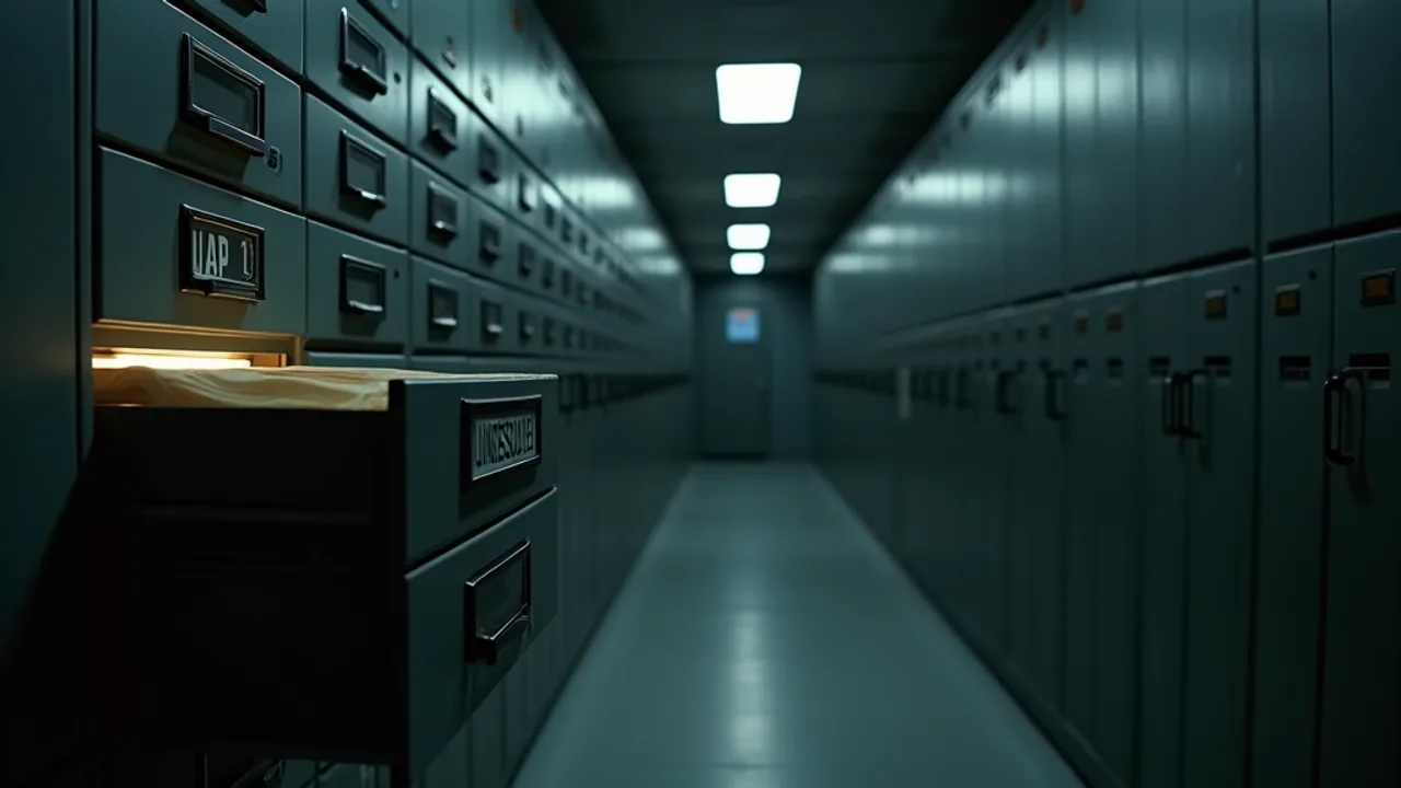 A dim Pentagon records archive at night, rows of grey filing cabinets, one drawer labeled UNRESOLVED slightly open with a faint cold glow