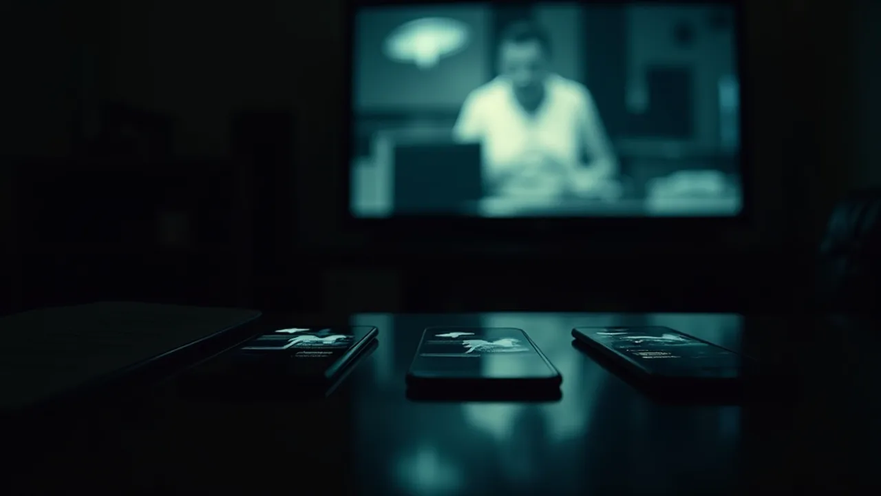A dark room at night lit only by the glow of a television screen showing a blurred news interview, a cascade of duplicated smartphone screens in the f