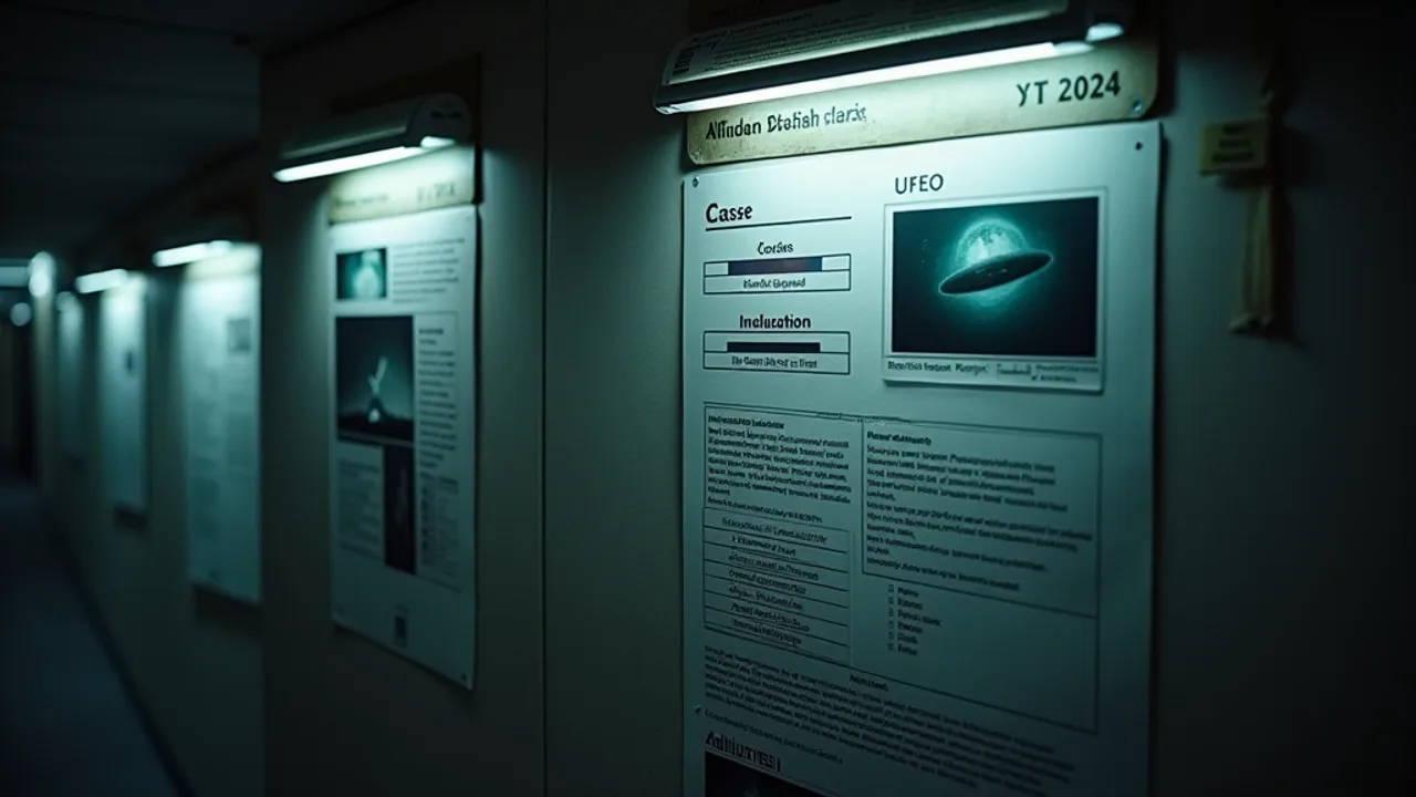 UFO case photographs pinned to an investigation board with rating bars and analytical charts, organized, cool investigative lighting, photorealistic