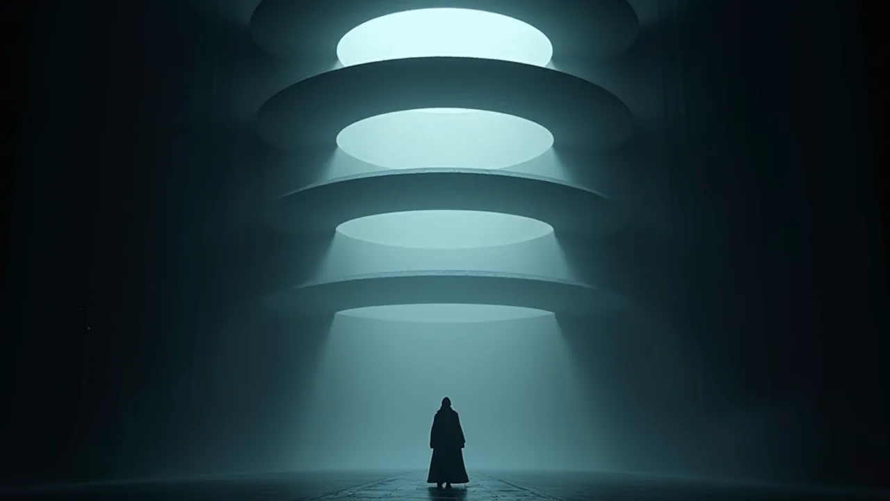 A small robed figure at the foot of an immense stack of luminous rings receding upward into darkness, the highest rings dissolving into nothing
