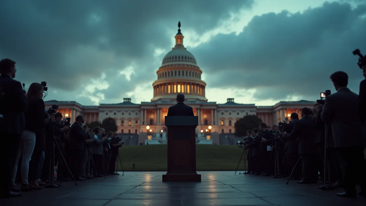 A lone figure at a podium on the US Capitol steps at dusk facing reporters and microphones, holding a manila folder of documents, dramatic stormy sky