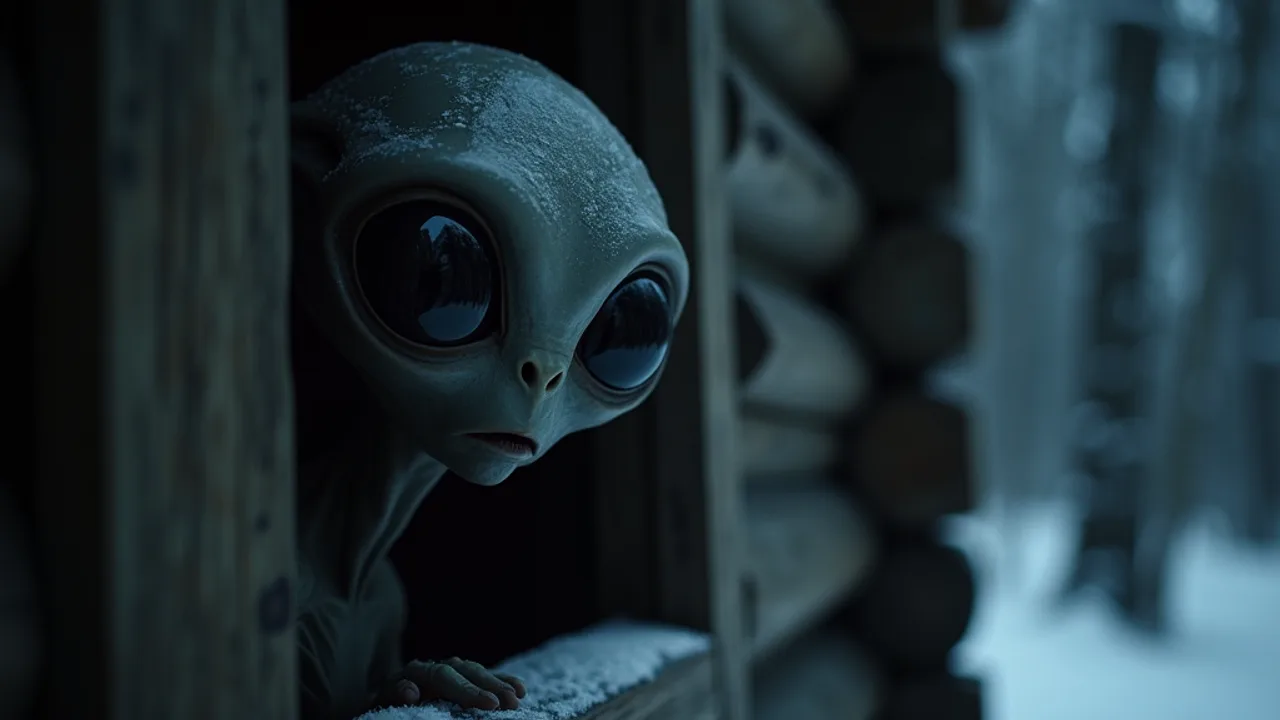 A grey alien with a heart-shaped face and enormous black almond eyes peering through the dark window of a snowy woodland cabin at night, the iconic Co
