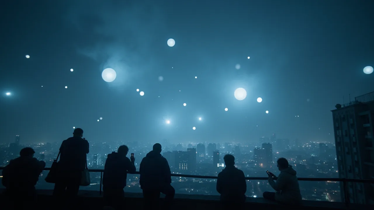A modern night sky over a city filled with many glowing white orbs of light while people film on phones from a rooftop, 2026, mysterious, cinematic