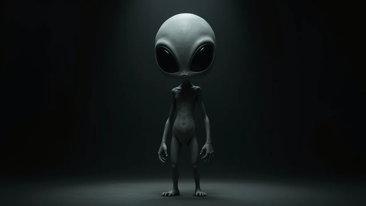 AI illustration of a "Gray": a small, slender humanoid with a large hairless head and oversized black almond eyes
