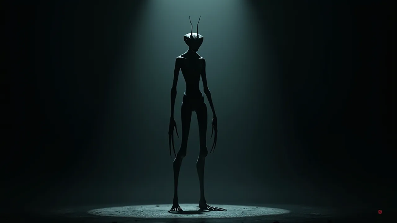 AI illustration of an "Insectoid": a tall, thin praying-mantis-like humanoid with elongated limbs and large eyes