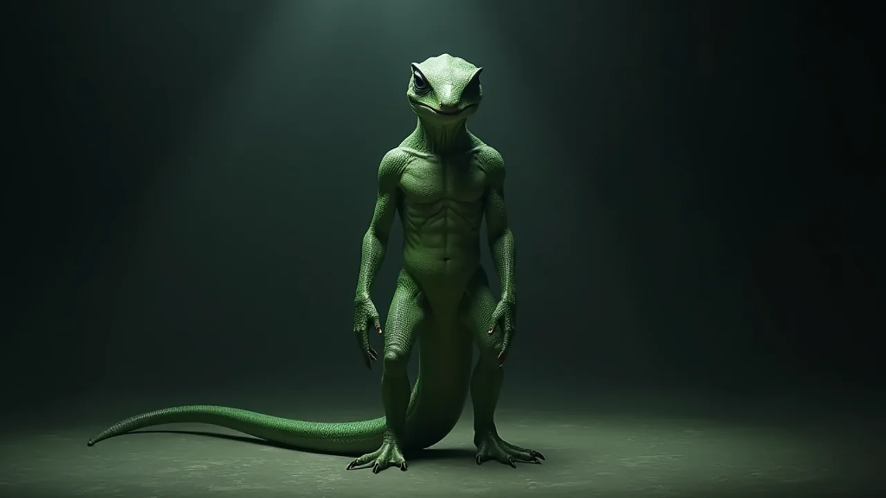 AI illustration of a "Reptilian": an upright lizard-like humanoid with scaled skin, human-like limbs and a long tail