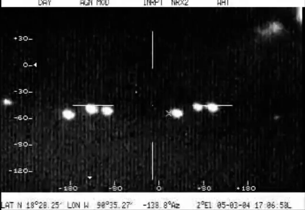 Black infrared frame with two groups of bright white round lights arranged in a line across the middle of the screen, under targeting crosshairs
