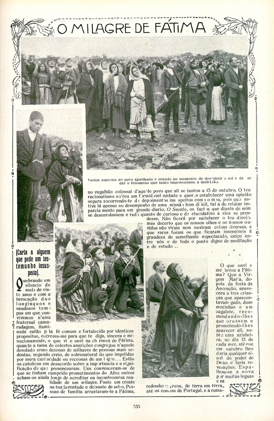 Page from the Portuguese magazine Ilustracao Portuguesa of 29 October 1917 headed O Milagre de Fatima, showing photographs of crowds staring upward