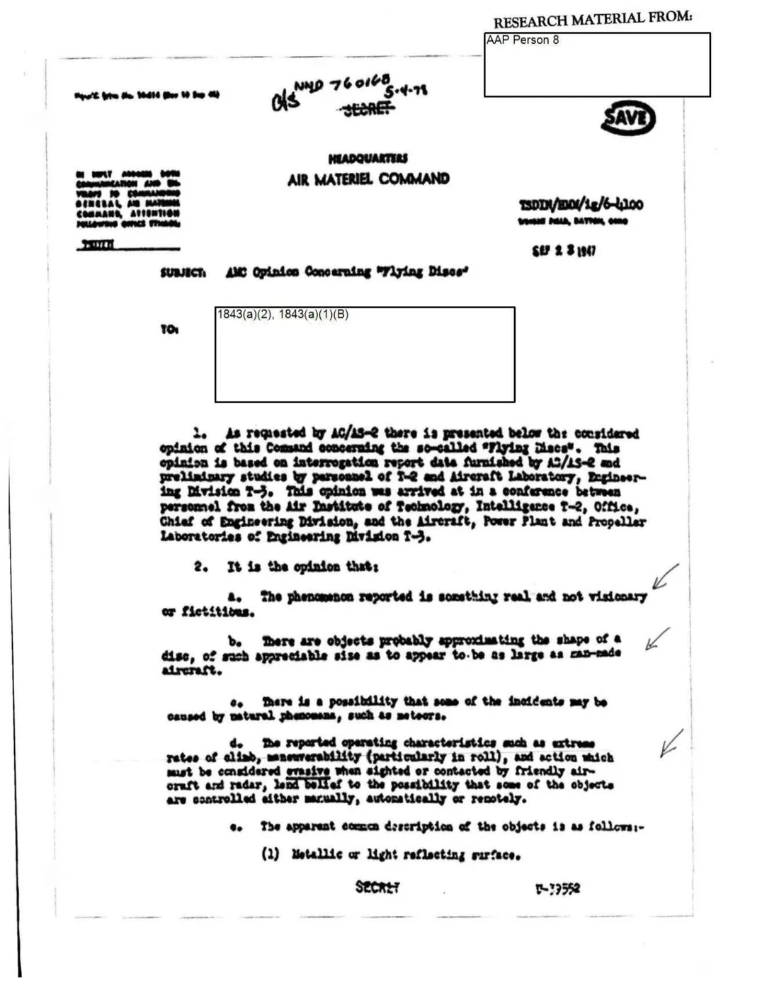 Typed 1947 Air Materiel Command memo marked SECRET, subject AMC Opinion Concerning Flying Discs, dated September 23 1947, with the addressee redacted and paragraph 2a reading the phenomenon reported is something real and not visionary or fictitious