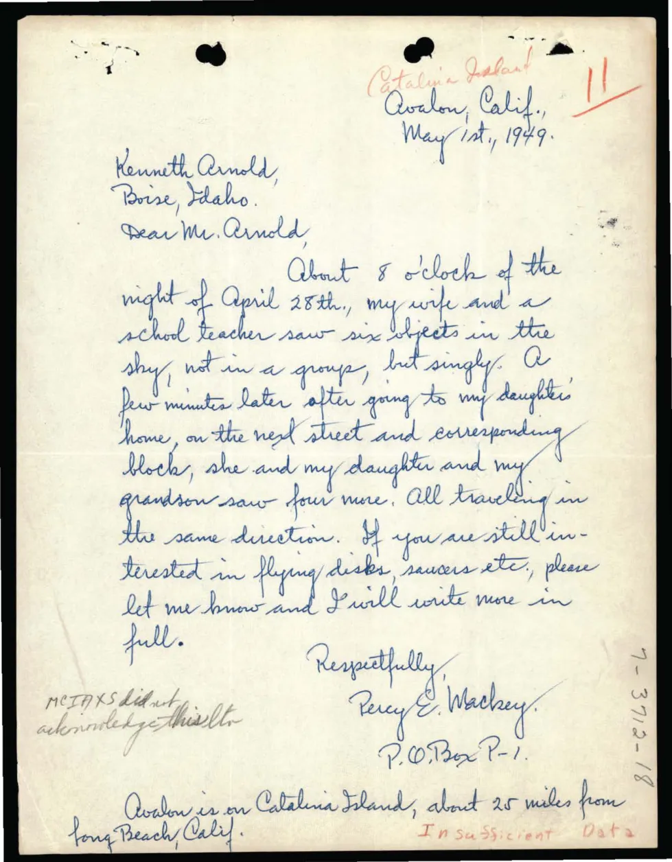 Handwritten letter on lined paper from Percy Wackey, Avalon, California, May 1st 1949, to Kenneth Arnold in Boise, describing six objects seen on April 28, with a margin note reading MCIAXS did not acknowledge this letter and a stamp reading Insufficient Data