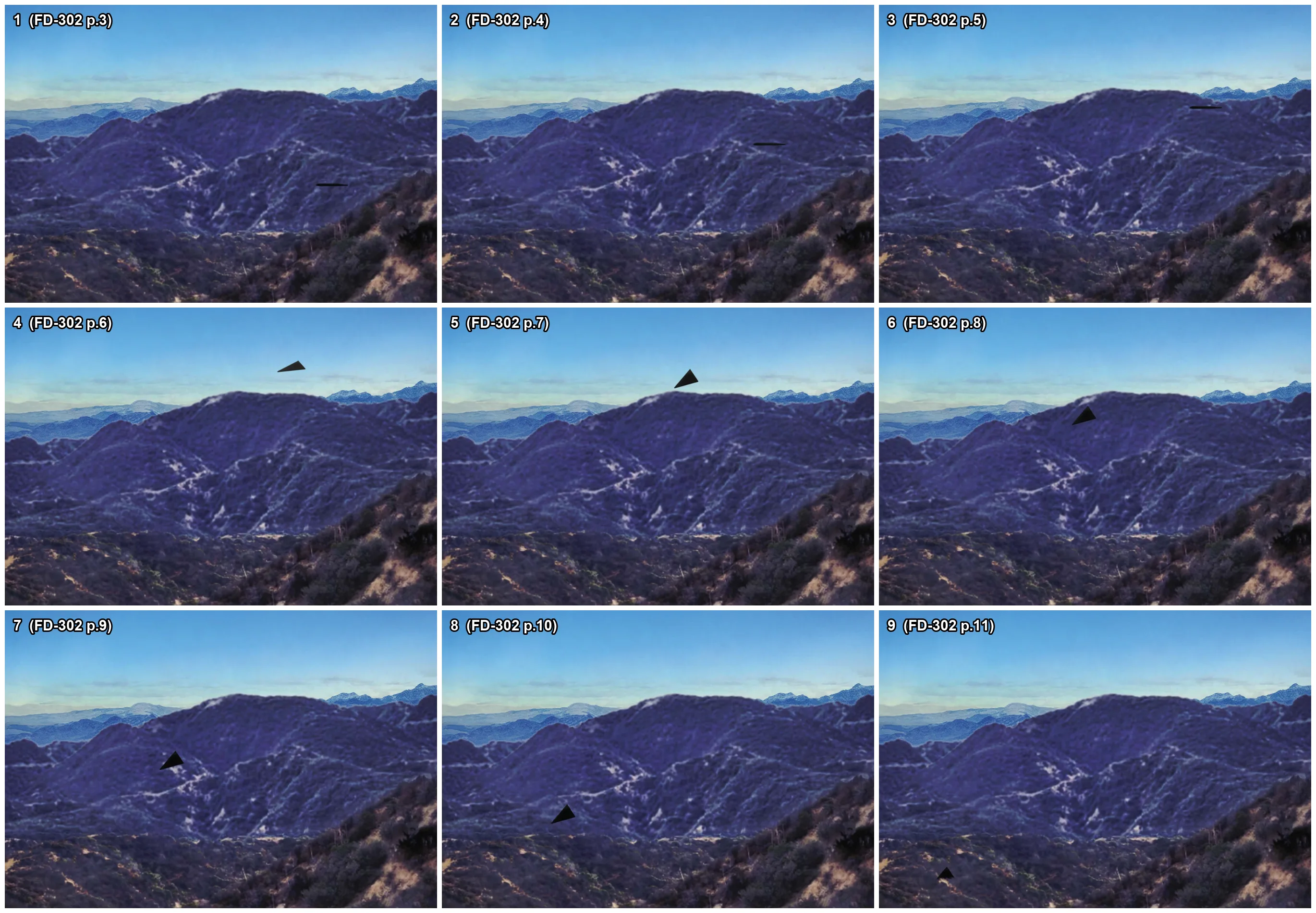 Nine numbered panels of the same blue-tinted mountain ridge photo. In panels 1 to 3 a thin black line sits at different heights against the ridge, in panels 4 and 5 a black triangle is above the ridge line, and in panels 6 to 9 the triangle moves down and to the left into the valley