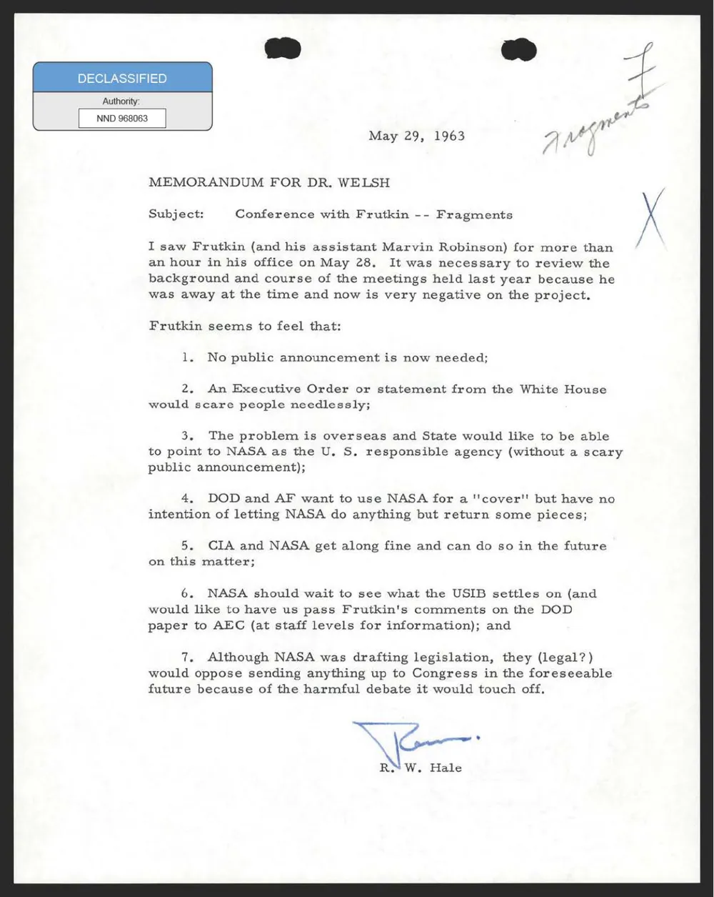 Typed memo dated May 29 1963 to Dr. Welsh, subject Conference with Frutkin, Fragments, listing seven numbered points, signed R. W. Hale