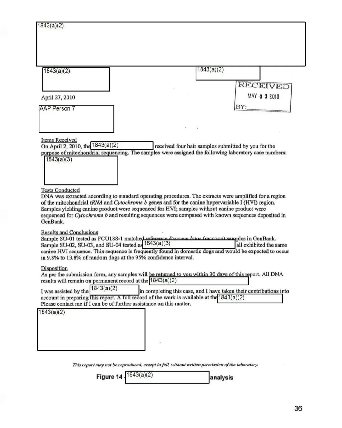 Scanned laboratory report dated April 27, 2010 with most identifying details redacted, stating that one hair sample matched raccoon and three matched a canine sequence found in domestic dogs